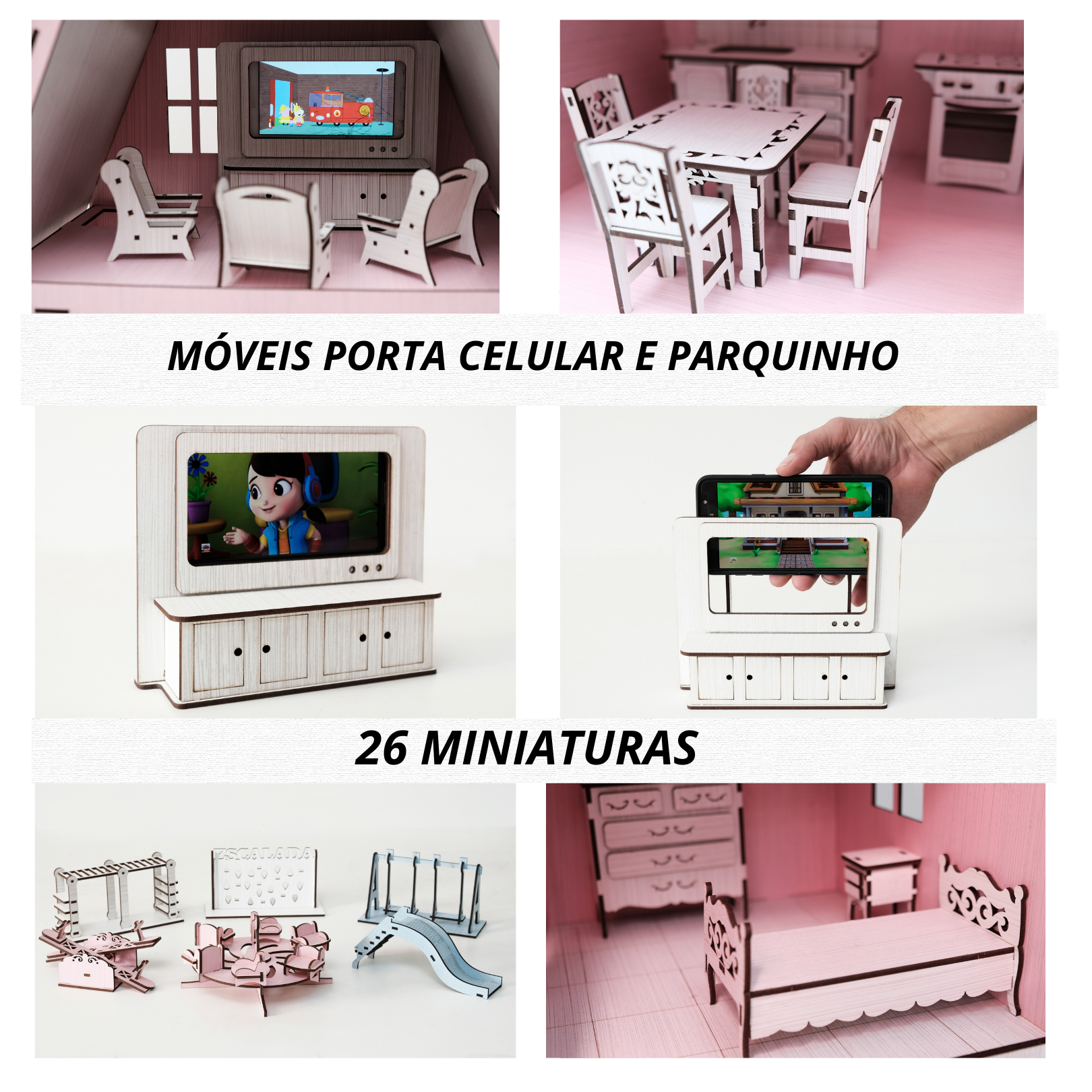 Casa Casinha De Boneca Mdf 26 Miniaturas + Rack P/ Celular Rosa - Perli  Designer