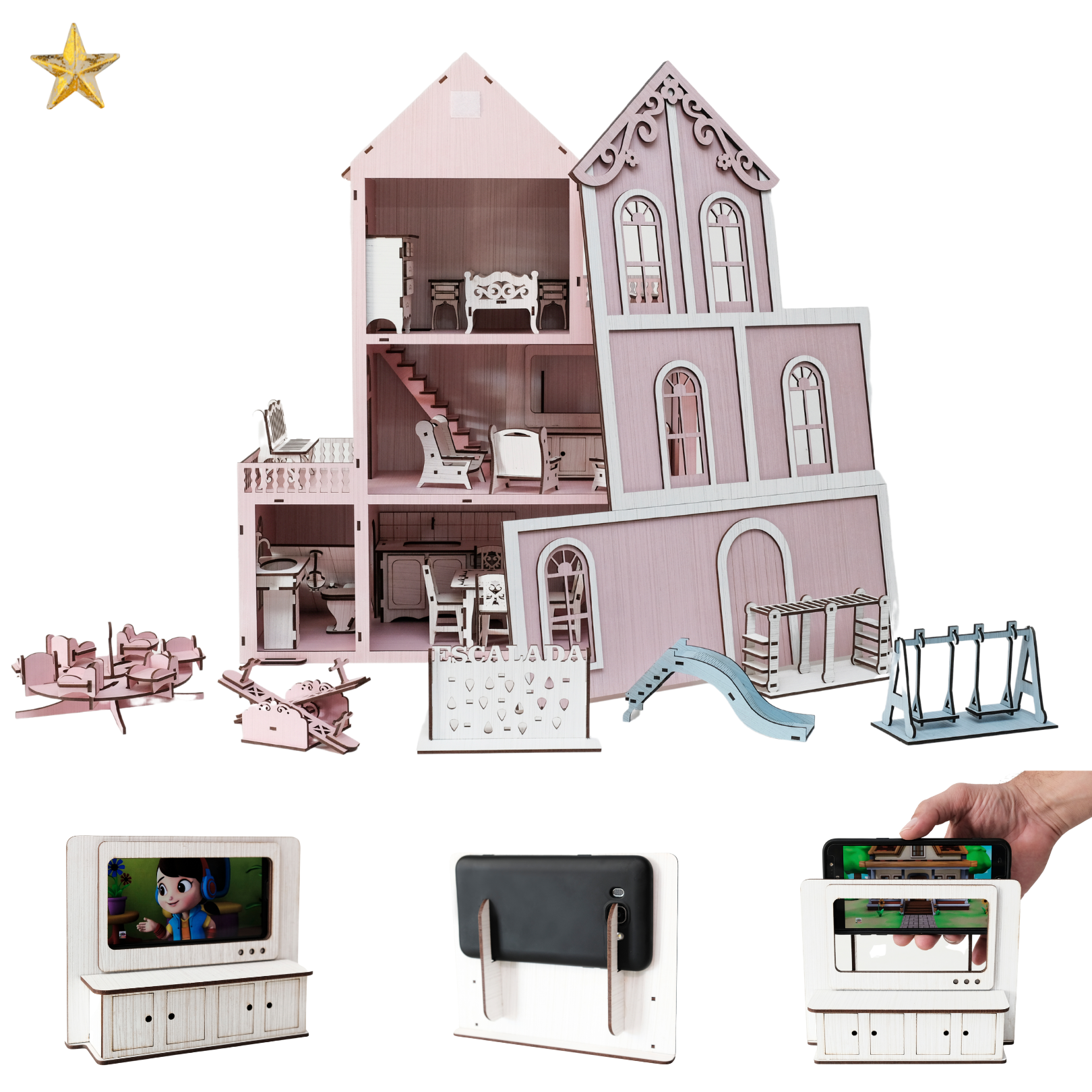 Casa Casinha De Boneca Mdf 26 Miniaturas + Rack P/ Celular Rosa - Perli  Designer