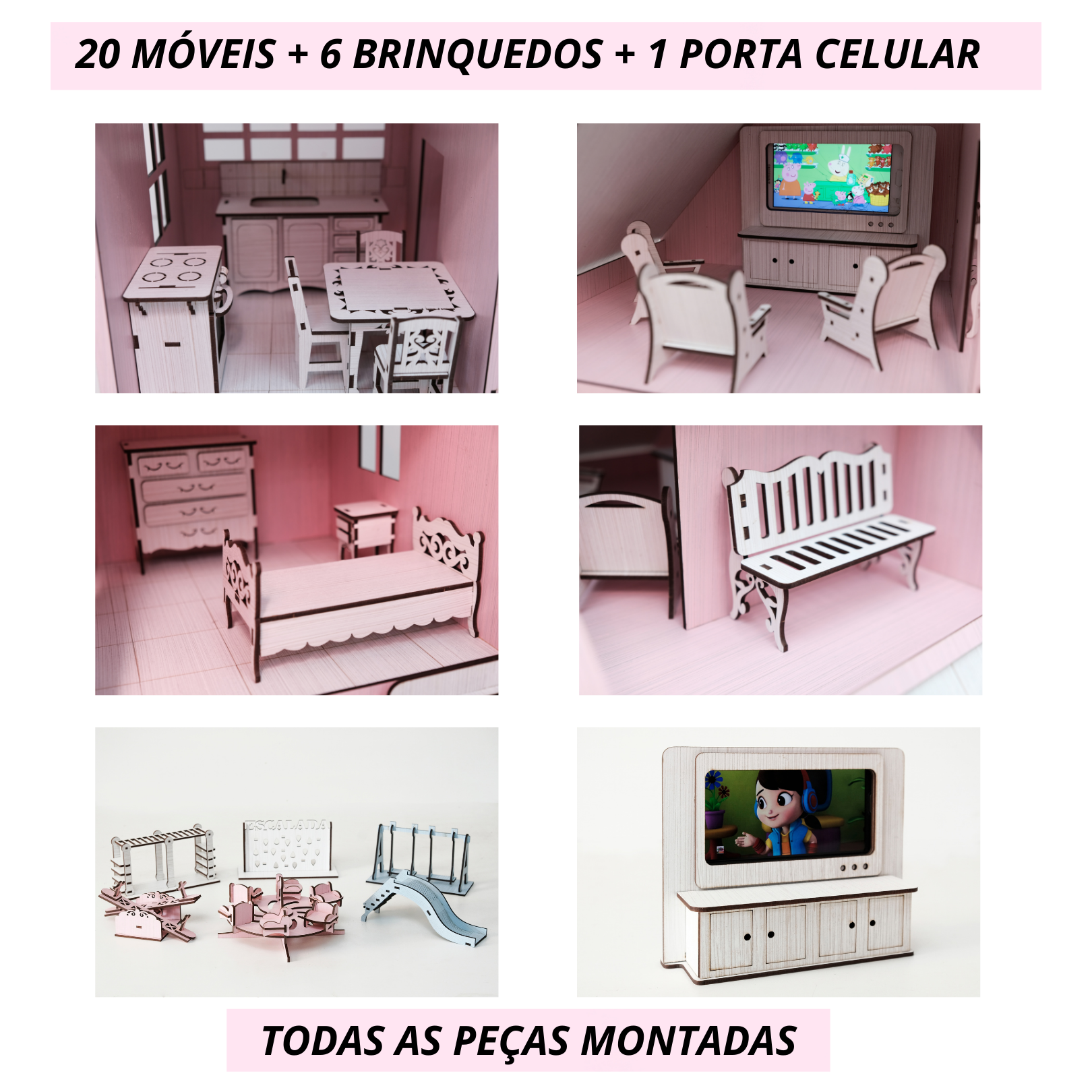 Casa Casinha De Boneca Mdf 26 Miniaturas + Rack P/ Celular Rosa - Perli  Designer