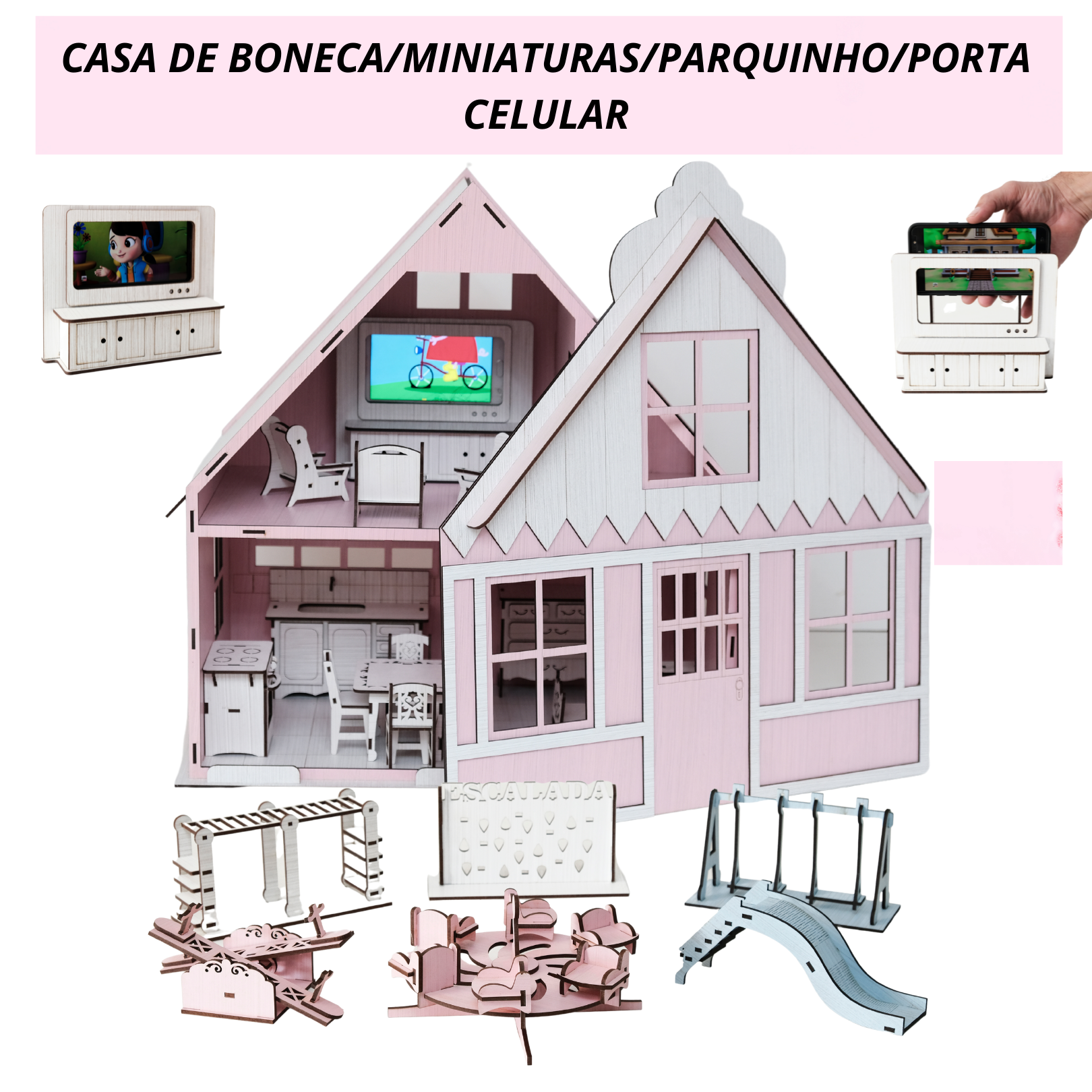 Casa Casinha de Boneca Rosa Branco Mdf + Mini Móveis Montados em