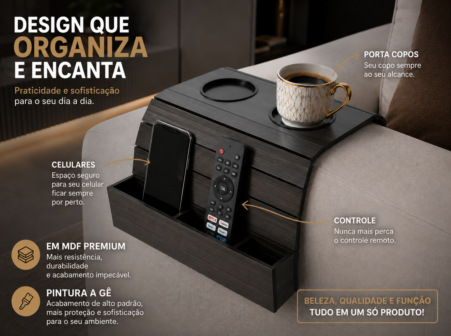 Esteira de Sofá Porta Copos e Controle Premium - Imagem 2